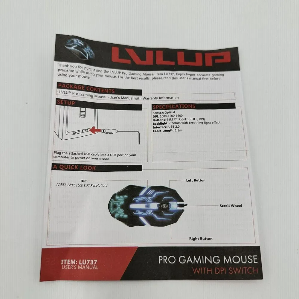 Vivitar LVLUP Pro Gaming Mouse DPI Switch Open‎ Box TESTED